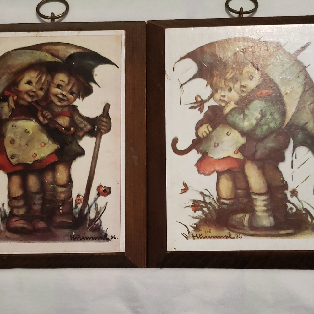 Hummell 36 Vintage 2 Wooden Hanging Wall Plaques. Children Holding An Umbrella.